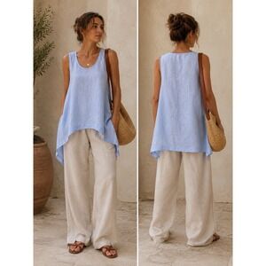 Pure Navy Top XL Blue Natural Linen Scandinavian Lagenlook Coastal Beachy